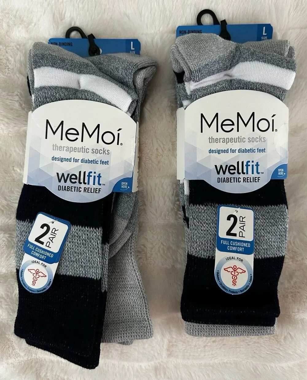 2 NWT MeMoi Unisex Therapeutic Large 4 Pair Full Cushioned Stripe Crew Socks